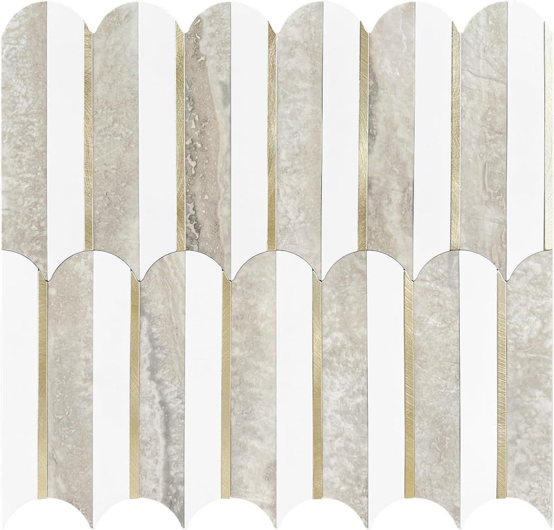 Vamos Tile Peel and Stick Backsplash Seamless Tile,1-Sheet Stick on Backsplash for Kitchen and Bathroom,White and Beige Slate PVC Mixed Metal Gold Self Adhesive Mosaic Tiles - Image 1